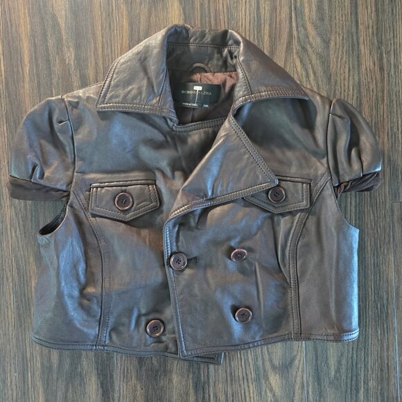 BCBGMAXAZRIA Genuine Leather Brown Crop Jacket w/ Short Sleeves NWOT/SIZE XXS - Picture 1 of 5